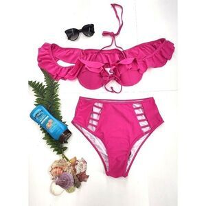2-Piece Swimsuit Ruffle Off Shoulder High Waist Bikini - Fushia, SIZE INFO BELOW